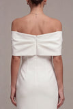 White Off the Shoulder Sheath Midi Wedding Dress with Bow