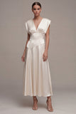 Ivory A-Line Satin V-Neck Ruched Long Engagement Dress