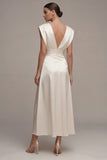 Ivory A-Line Satin V-Neck Ruched Long Engagement Dress