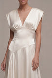 Ivory A-Line Satin V-Neck Ruched Long Engagement Dress