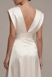 Ivory A-Line Satin V-Neck Ruched Long Engagement Dress