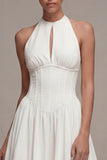 Halter A-Line Corset Cut Out Midi White Bridal Shower Dress