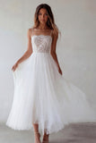 White Tulle A-Line Spaghetti Straps Engagement Dress with Lace