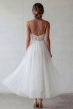 White Tulle A-Line Spaghetti Straps Engagement Dress with Lace