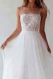 White Tulle A-Line Spaghetti Straps Engagement Dress with Lace