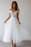 Off the Shoulder White Tulle A-Line Long Graduation Dress with Lace
