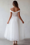 Off the Shoulder White Tulle A-Line Long Graduation Dress with Lace