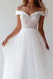 Off the Shoulder White Tulle A-Line Long Graduation Dress with Lace