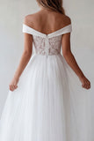 Off the Shoulder White Tulle A-Line Long Graduation Dress with Lace