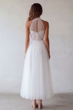 White Halter A-Line Cut Out Ruched Tulle Engagement Dress with Lace