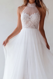 White Halter A-Line Cut Out Ruched Tulle Engagement Dress with Lace