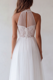 White Halter A-Line Cut Out Ruched Tulle Engagement Dress with Lace