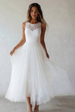 White Round Neck A Line Tulle Lace Engagement Dress
