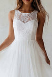 White Round Neck A Line Tulle Lace Engagement Dress