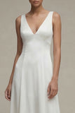 White V-Neck A Line Satin Long Engagement Dress