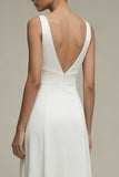 White V-Neck A Line Satin Long Engagement Dress