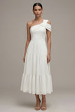 White One Shoulder A Line Ruffled Midi Engagement Dress