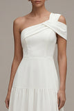 White One Shoulder A Line Ruffled Midi Engagement Dress