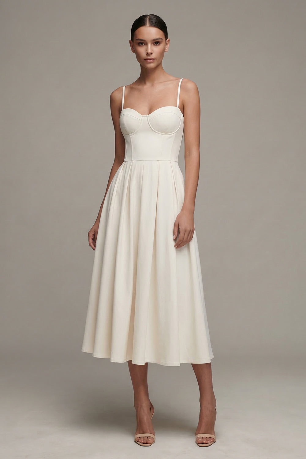 Zapaka Women White Engagement Dress Spaghetti Straps A Line Midi