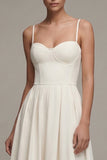 White Spaghetti Straps A Line Midi Engagement Dress