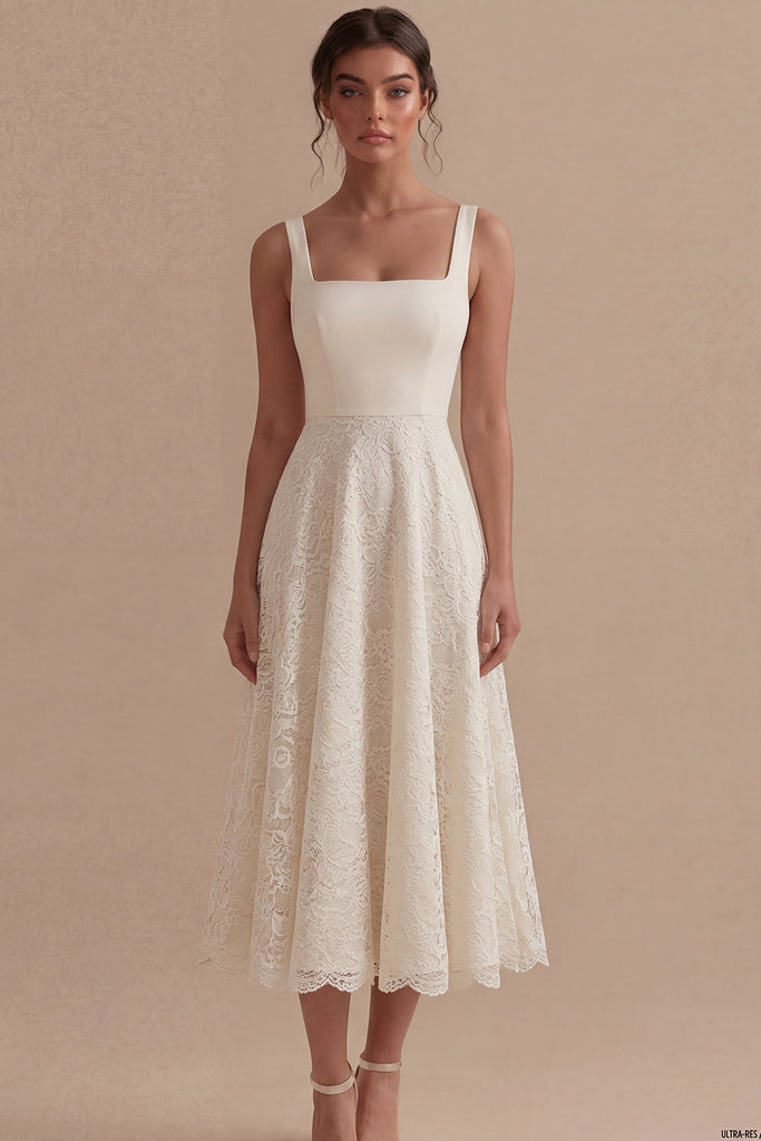 Zapaka Women Ivory Engagement Dress Lace Square Neck A Line Midi