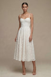 Lace White Spaghetti Straps A Line Midi Engagement Dress