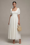 White A Line Chiffon Puff Sleeves Long Engagement Dress