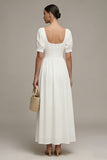 White A Line Chiffon Puff Sleeves Long Engagement Dress