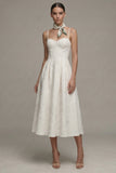 Ivory Spaghetti Straps A Line Jacquard Midi Engagement Dress