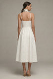 Ivory Spaghetti Straps A Line Jacquard Midi Engagement Dress