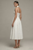 Ivory Spaghetti Straps A Line Jacquard Midi Engagement Dress
