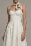 Ivory Spaghetti Straps A Line Jacquard Midi Engagement Dress