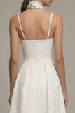 Ivory Spaghetti Straps A Line Jacquard Midi Engagement Dress
