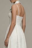 Ivory Spaghetti Straps A Line Jacquard Midi Engagement Dress