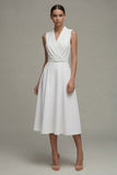 White V-Neck Sleeveless Ruched A Line Midi Work Dress