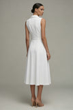 White V-Neck Sleeveless Ruched A Line Midi Work Dress