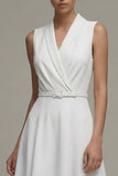 White V-Neck Sleeveless Ruched A Line Midi Work Dress