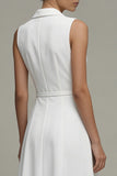 White V-Neck Sleeveless Ruched A Line Midi Work Dress