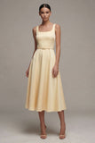 Ivory Square Neck A Line Satin Midi Work Dress with Belt
