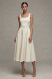 Ivory Square Neck A Line Satin Midi Work Dress with Belt