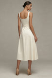 Ivory Square Neck A Line Satin Midi Work Dress with Belt