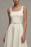 Ivory Square Neck A Line Satin Midi Work Dress with Belt