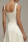 Ivory Square Neck A Line Satin Midi Work Dress with Belt