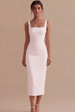 White Square Neck Satin Sheath Midi Engagement Dress