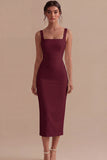 White Square Neck Satin Sheath Midi Engagement Dress