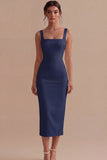 White Square Neck Satin Sheath Midi Engagement Dress