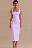 White Square Neck Satin Sheath Midi Engagement Dress