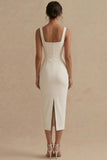 White Square Neck Satin Sheath Midi Engagement Dress
