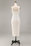 White Square Neck Satin Sheath Midi Engagement Dress