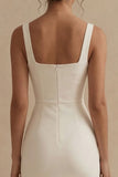 White Square Neck Satin Sheath Midi Engagement Dress
